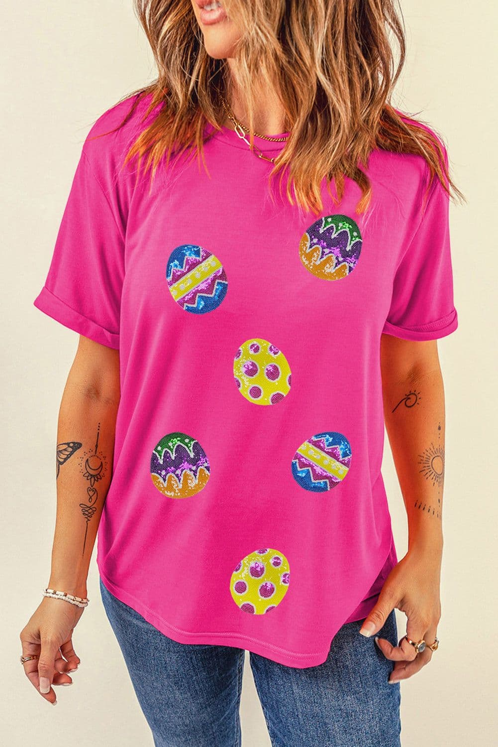 image-Rose Red Easter Egg Patched Crew Neck Graphic Tee