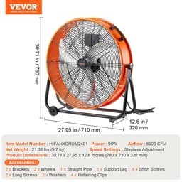 image-VEVOR Drum Fan, 24 Inch High Velocity Industrial Shop Fan, Heavy Duty Commercial Use Infinitely Variable Speed 7935CFM,360°Adjustable Tilting Industrial Floor Fan for Warehouse,Workshop,Factory