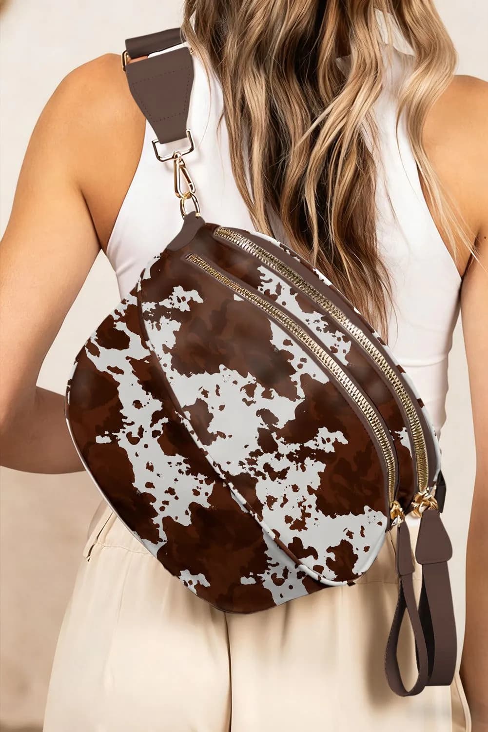 image-Coffee Cow Spots Crossbody Bag - Double Zip Canvas