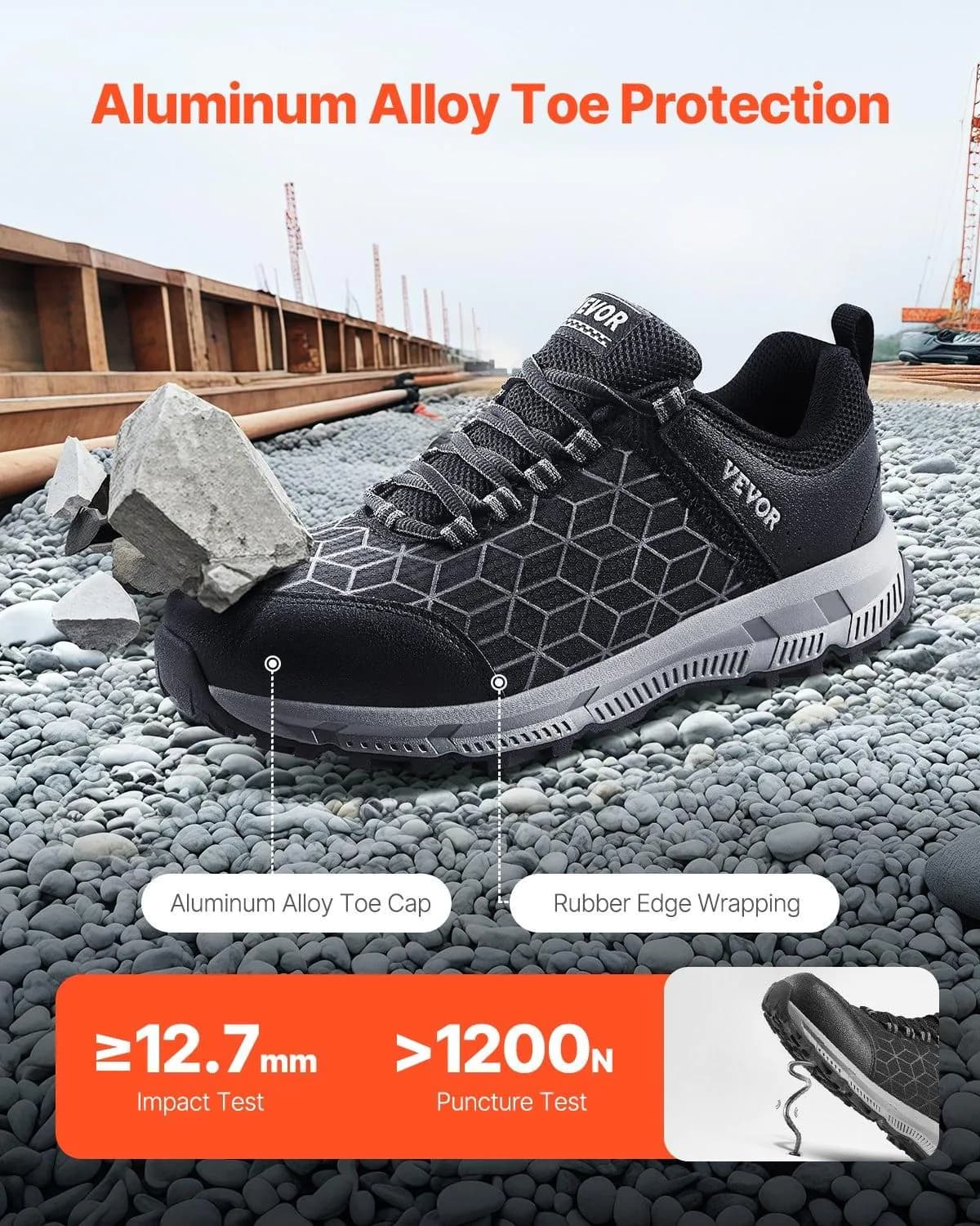 image-VEVOR Steel Toe Shoes for Men, US Size 12 Wide, Men’s Cushion Sport Safety Toe Athletic Work Shoe, Indestructible Safety Sneakers Lightweight,Breathable Industry Construction Work Shoes, Black