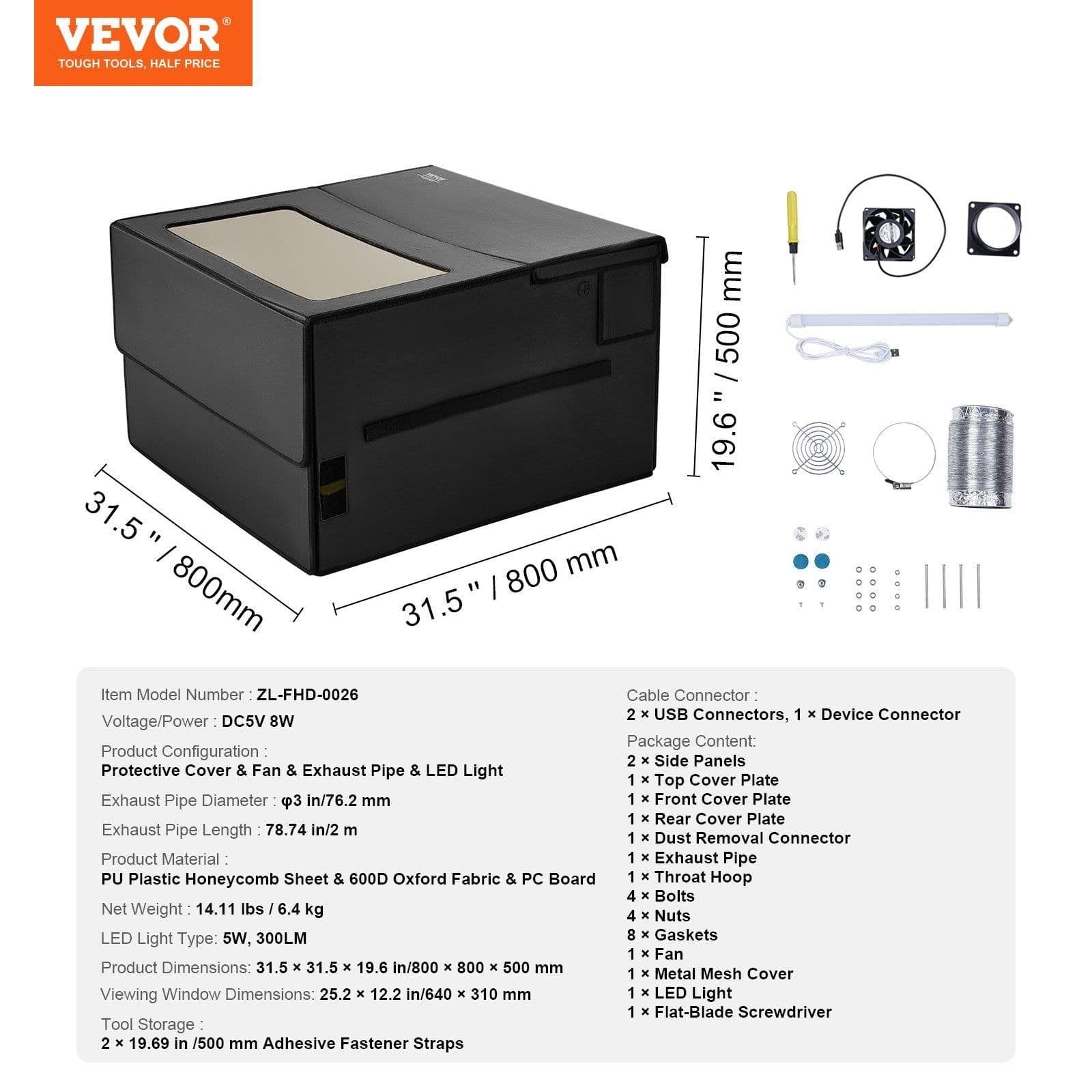 image-VEVOR Laser Engraver Enclosure, 31.5 x 31.5 x 19.6", Flame Retardant and Fireproof Protective Cover, with Exhaust Fan and Pipe, Insulates Smoke, Noise and Eye Protection, Fits for Most Laser Engraver