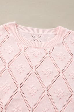 image-Pink Openwork Plaid Puff Sleeve Cropped Sweater