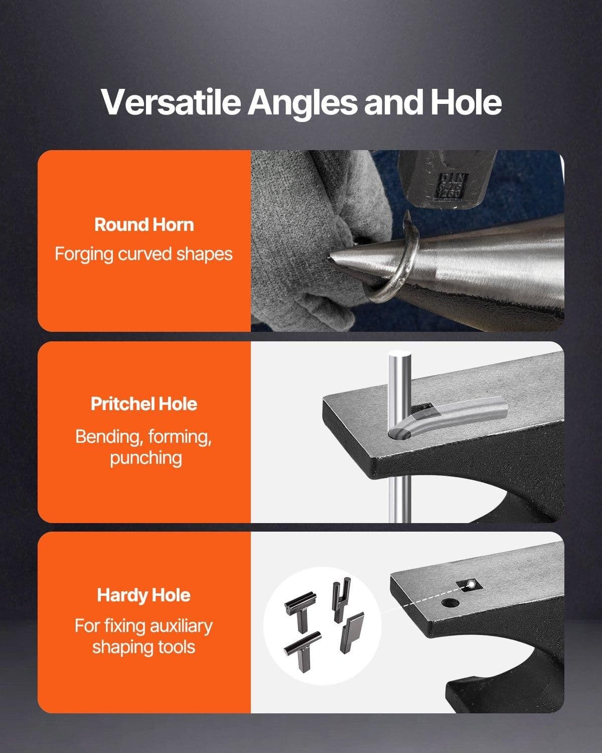image-VEVOR Single Horn Anvil, 55lbs Cast Steel Anvil, High Hardness Rugged Round Horn Anvil for Blacksmiths, with Large Countertop and Stable Base, Metal Working Tool for Metal Bending, Shaping, Twisting