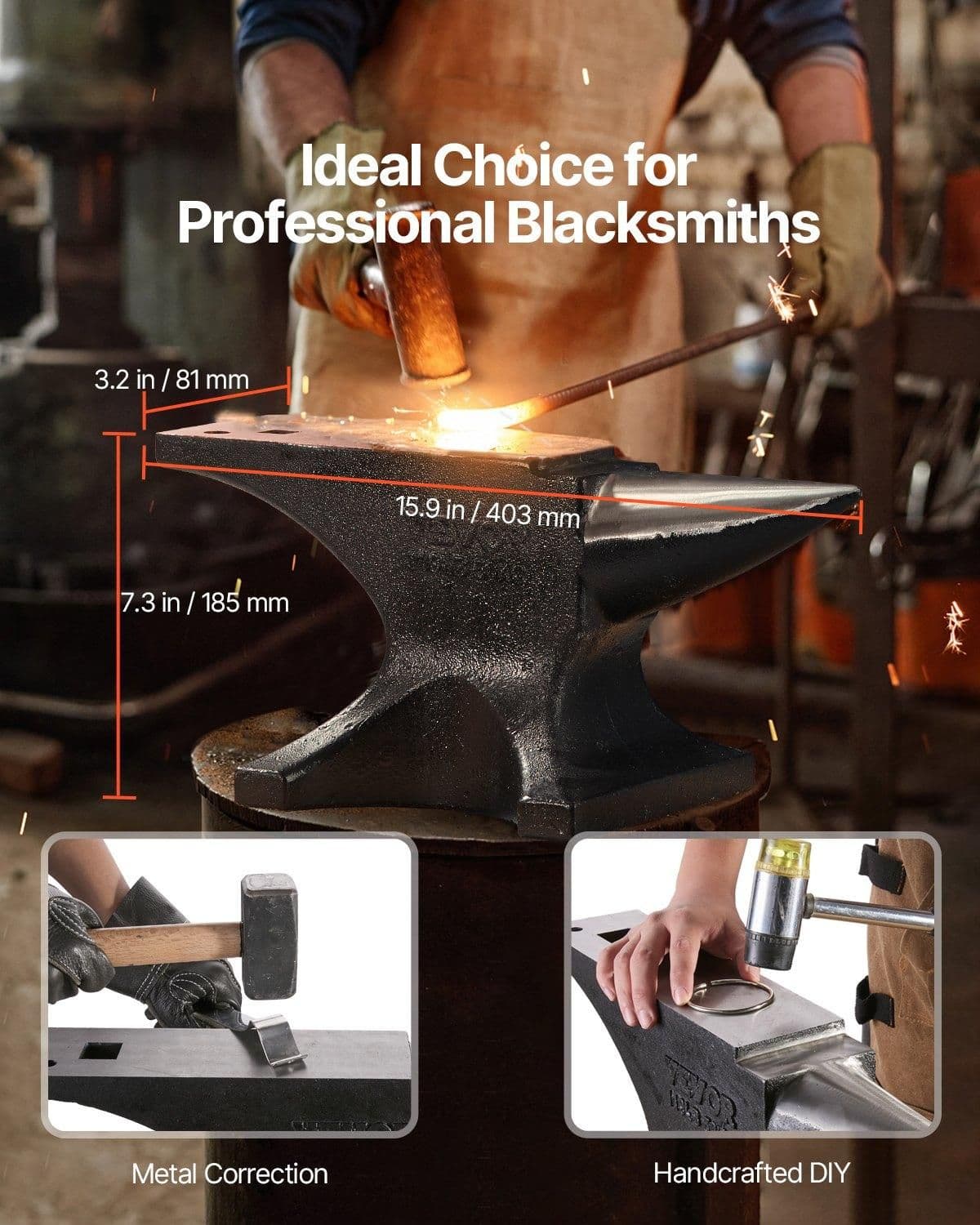 image-VEVOR Single Horn Anvil, 55lbs Cast Steel Anvil, High Hardness Rugged Round Horn Anvil for Blacksmiths, with Large Countertop and Stable Base, Metal Working Tool for Metal Bending, Shaping, Twisting