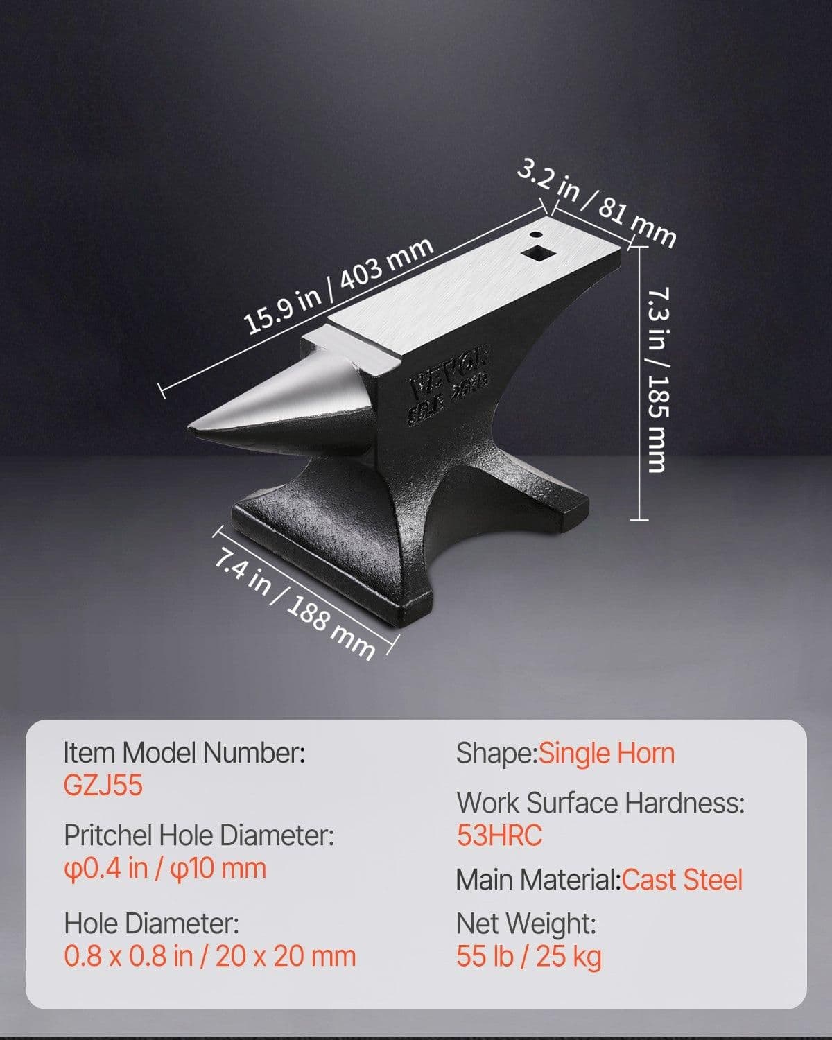 image-VEVOR Single Horn Anvil, 55lbs Cast Steel Anvil, High Hardness Rugged Round Horn Anvil for Blacksmiths, with Large Countertop and Stable Base, Metal Working Tool for Metal Bending, Shaping, Twisting