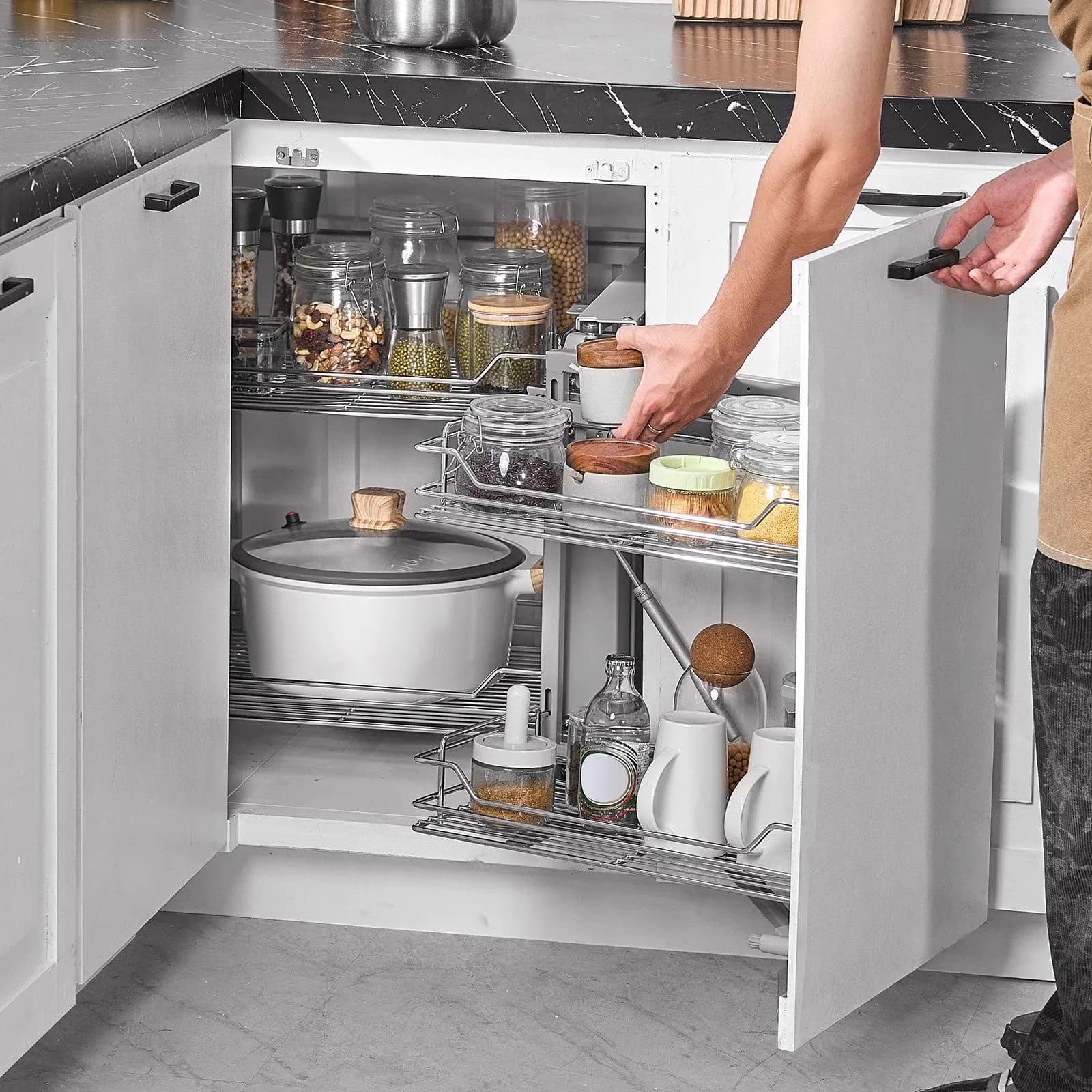 image-VEVOR 18"W Opening Blind Corner Pull Out Organizer, 2 Tier 4 Shelf Kitchen Cabinet Organizer, Magic Chrome Carbon Steel Storage Basket, Slide Out Storage Organizer, Left & Right Open Compatible