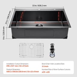 image-VEVOR 33 inch Kitchen Sink Workstation, 304 Stainless Steel Top Mount Sinks, Drop-In Single Bowl Farmhouse Basin with Accessories, Household Dishwasher Sinks for RV, Prep Kitchen, and Bar (Black)