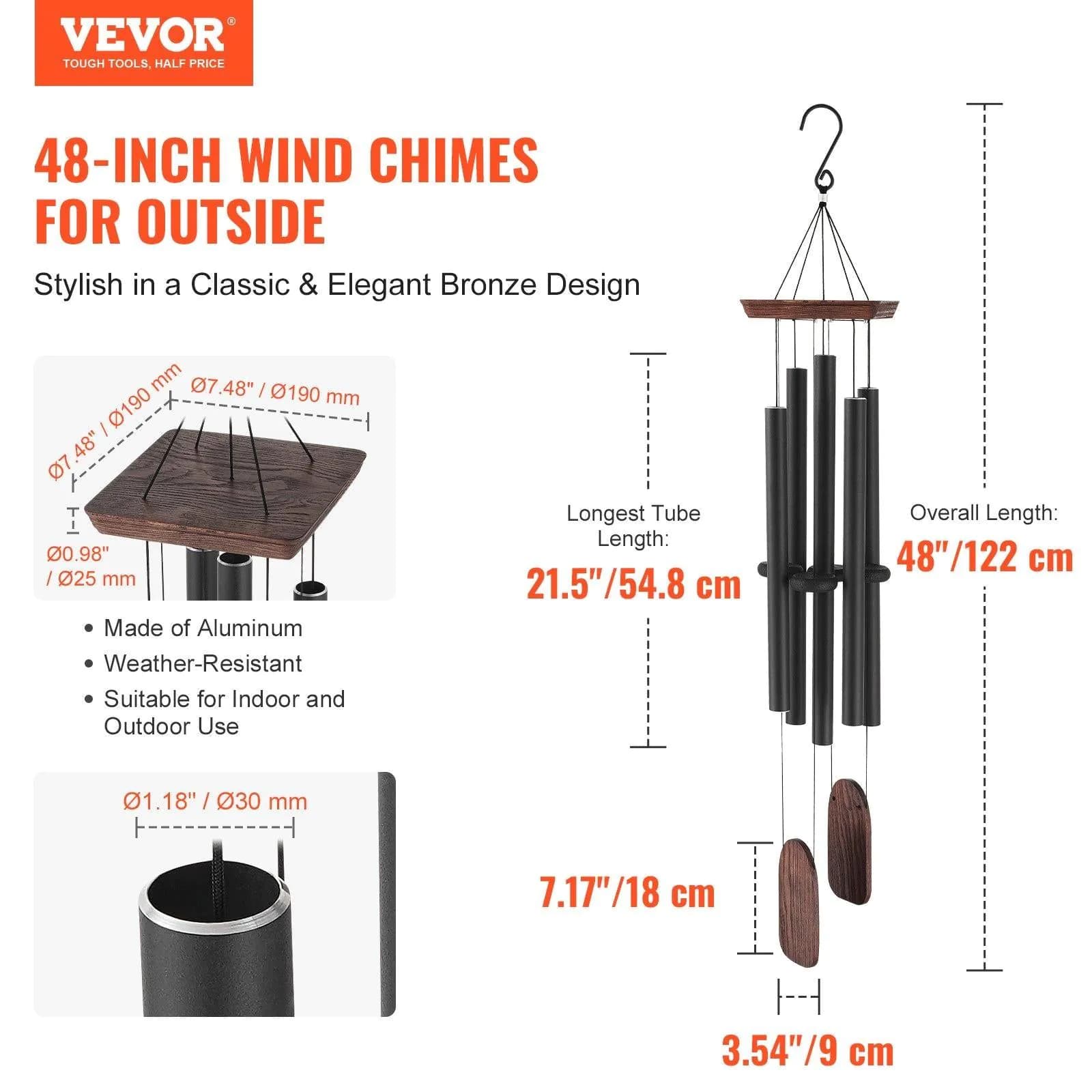 image-VEVOR Wind Chimes for Outside, 48 in, Deep Tone Wind Chimes with 5 Tubes, Unique Large Memorial Wind Chimes for Anniversary, Amazing Outdoor Decor for Your Patio, Porch, Garden and Backyard, Black