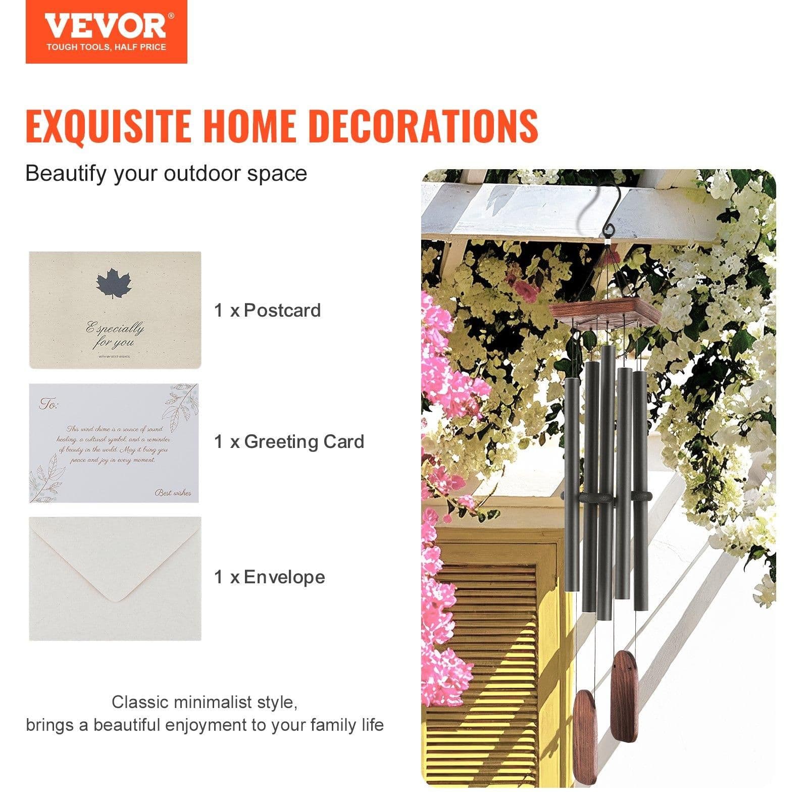 image-VEVOR Wind Chimes for Outside, 48 in, Deep Tone Wind Chimes with 5 Tubes, Unique Large Memorial Wind Chimes for Anniversary, Amazing Outdoor Decor for Your Patio, Porch, Garden and Backyard, Black