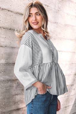 image-Gray Stripe Half Button Gauze Patchwork Bracelet Blouse