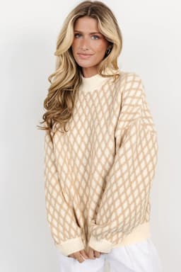 image-Oatmeal Diamond Knit Drop Shoulder Loose Sweater