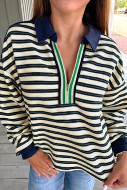 image-Navy Blue Striped Long Sleeve Top - Zip Collar