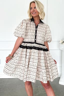 image-Black Boho Floral Striped Bubble Sleeve Dress