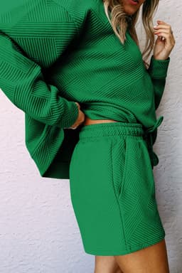 image-Textured Long Sleeve Top & Drawstring Shorts Set - Green