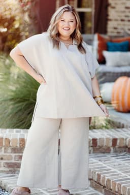 image-Beige Plus Size Textured Collared Top and Pants Set