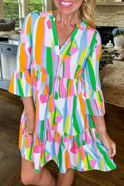 image-Green Abstract Print Ruffled Sleeve V Neck Dress