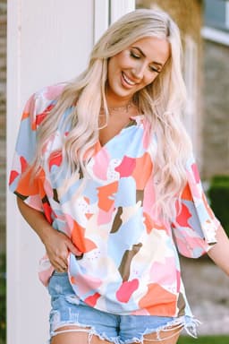 image-Multicolor Floral Print V Neck Half Sleeve Blouse