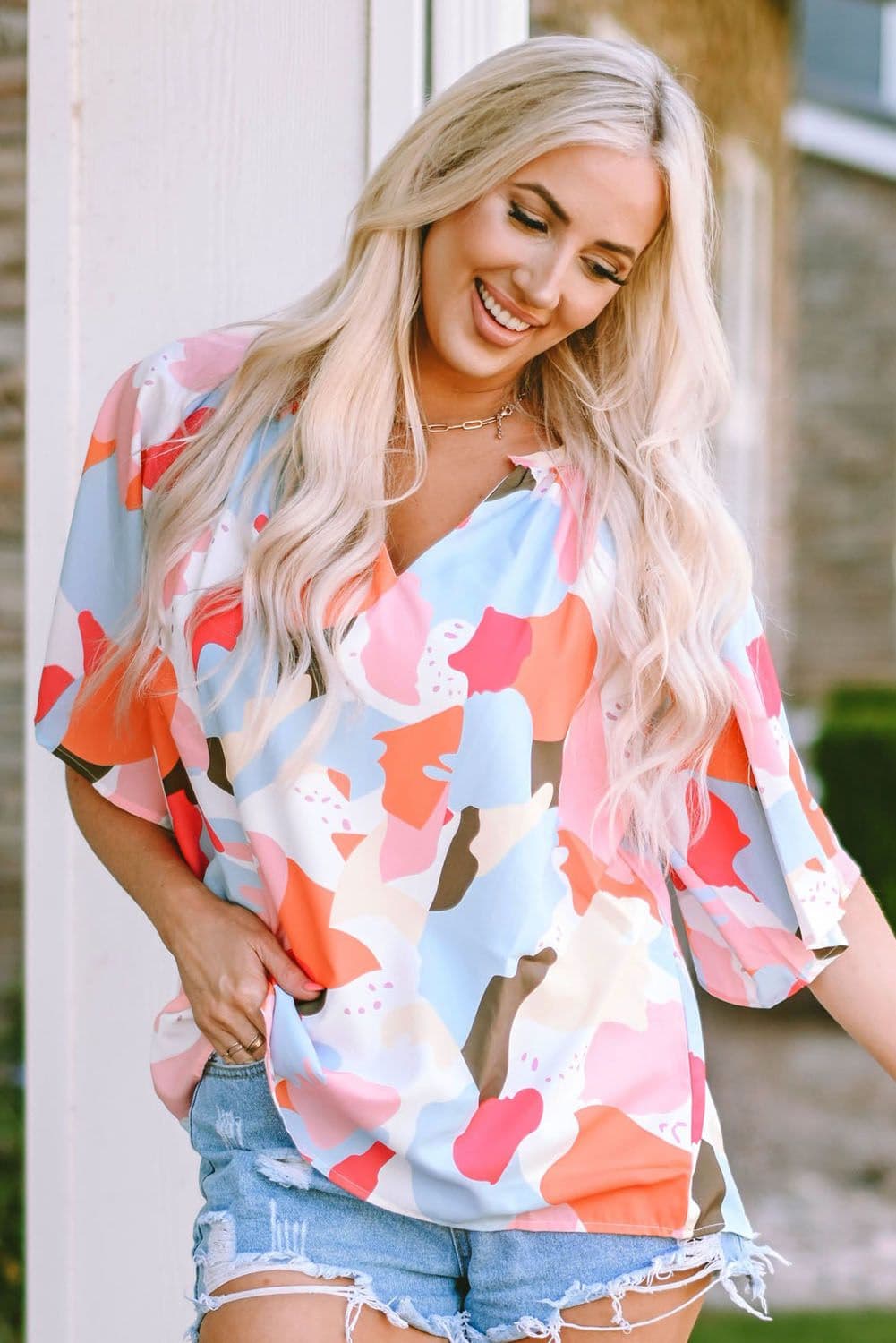 image-Multicolor Floral Print V Neck Half Sleeve Blouse