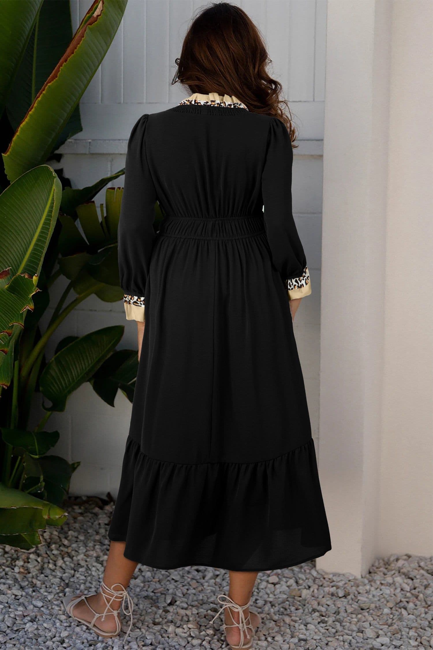 image-Black Contrast Leopard Frilled Trim V Neck Bracelet Sleeve Midi Dress
