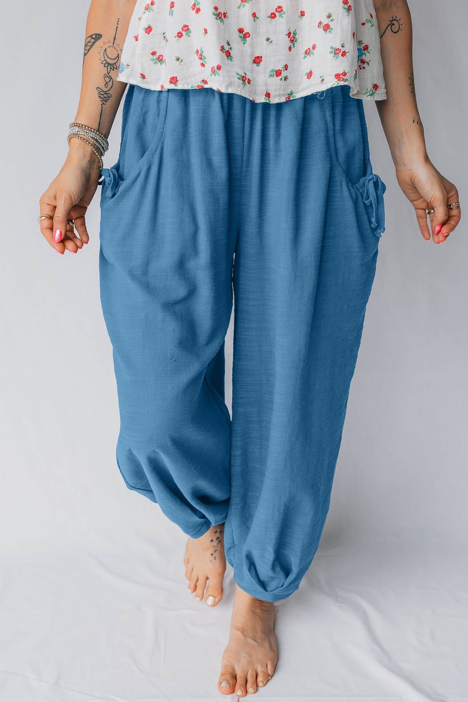 image-Prussian Blue Smocked Waist Casual Jogger Style Pants