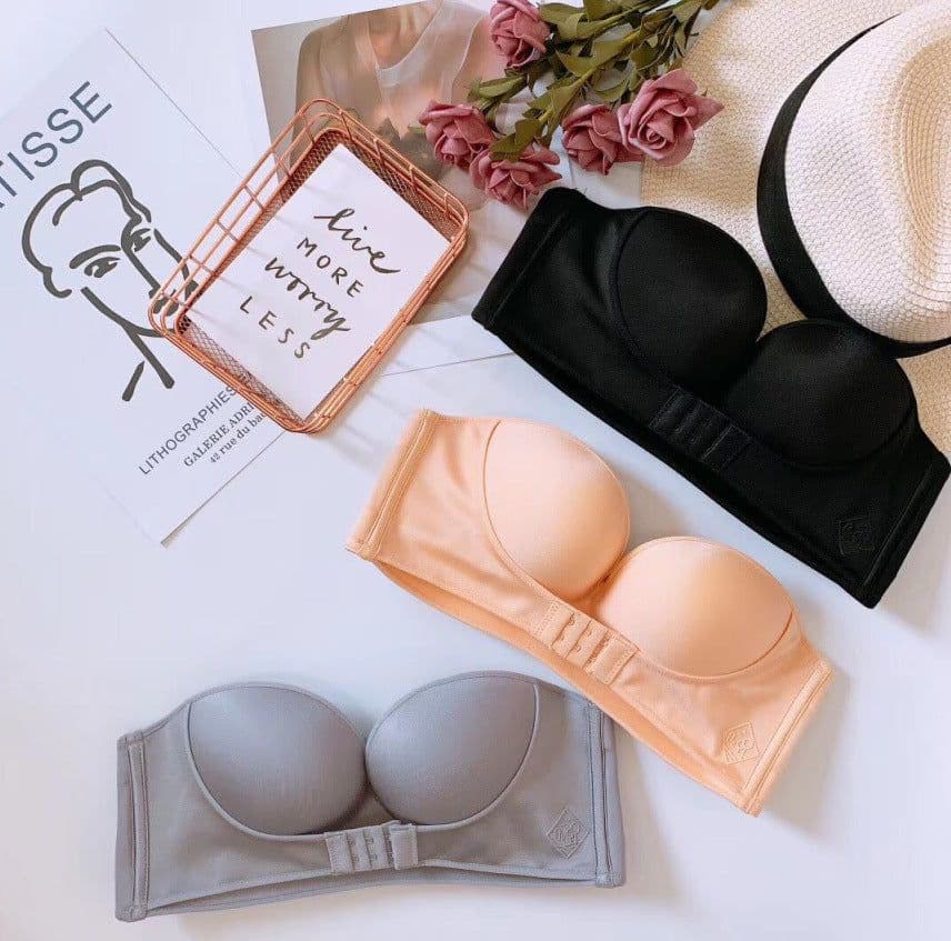 image-Strapless underwear women's non-slip small chest thickened gather bra top support without steel ring invisible chest stickers one shoulder half cup