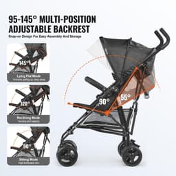 image-VEVOR Leichter Kinderwagen, kompakt, einfach zusammenklappbar, mit verstellbarer Rückenlehne, Rahmen aus Karbonstahl, großem Aufbewahrungskorb, Kinderwagen mit Schirm für Reisen und mehr, Schwarz/Weiß
