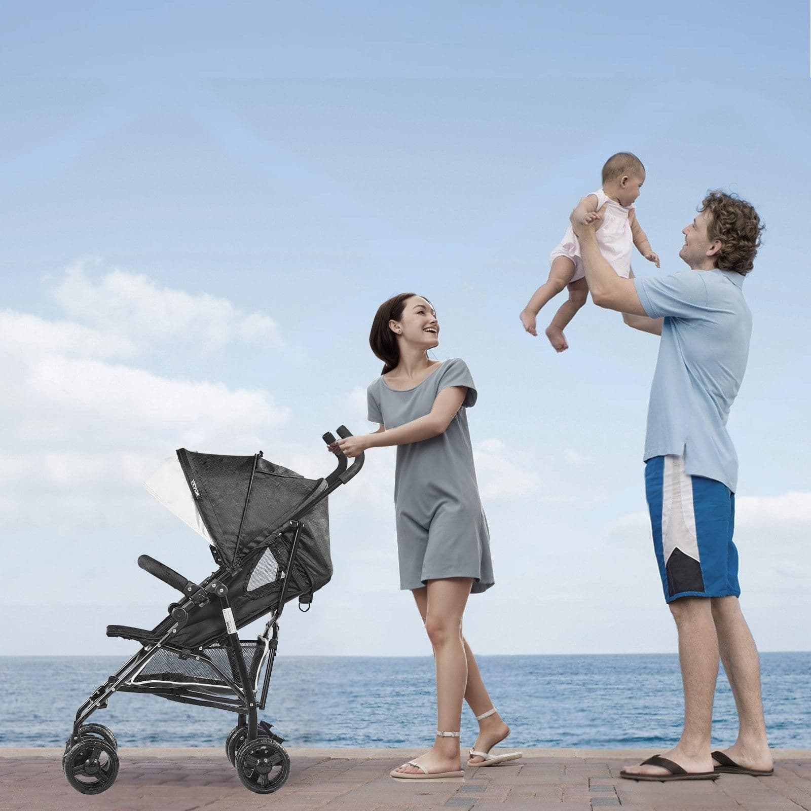 image-VEVOR Leichter Kinderwagen, kompakt, einfach zusammenklappbar, mit verstellbarer Rückenlehne, Rahmen aus Karbonstahl, großem Aufbewahrungskorb, Kinderwagen mit Schirm für Reisen und mehr, Schwarz/Weiß
