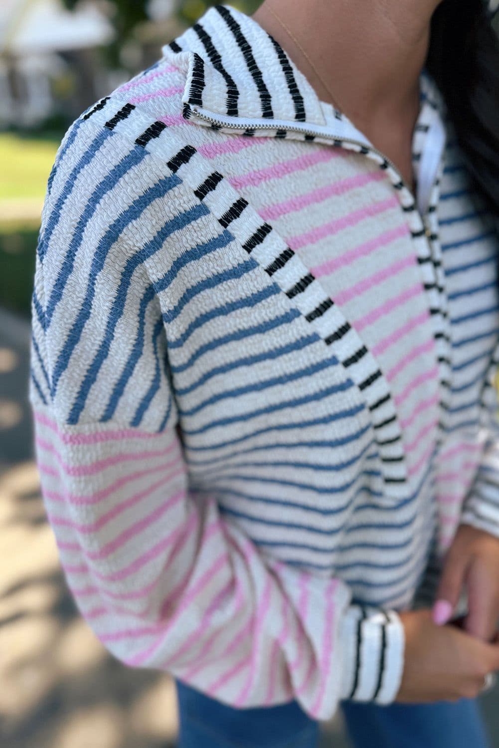 image-Striped Color Block Half Zip Top - Drop Shoulder