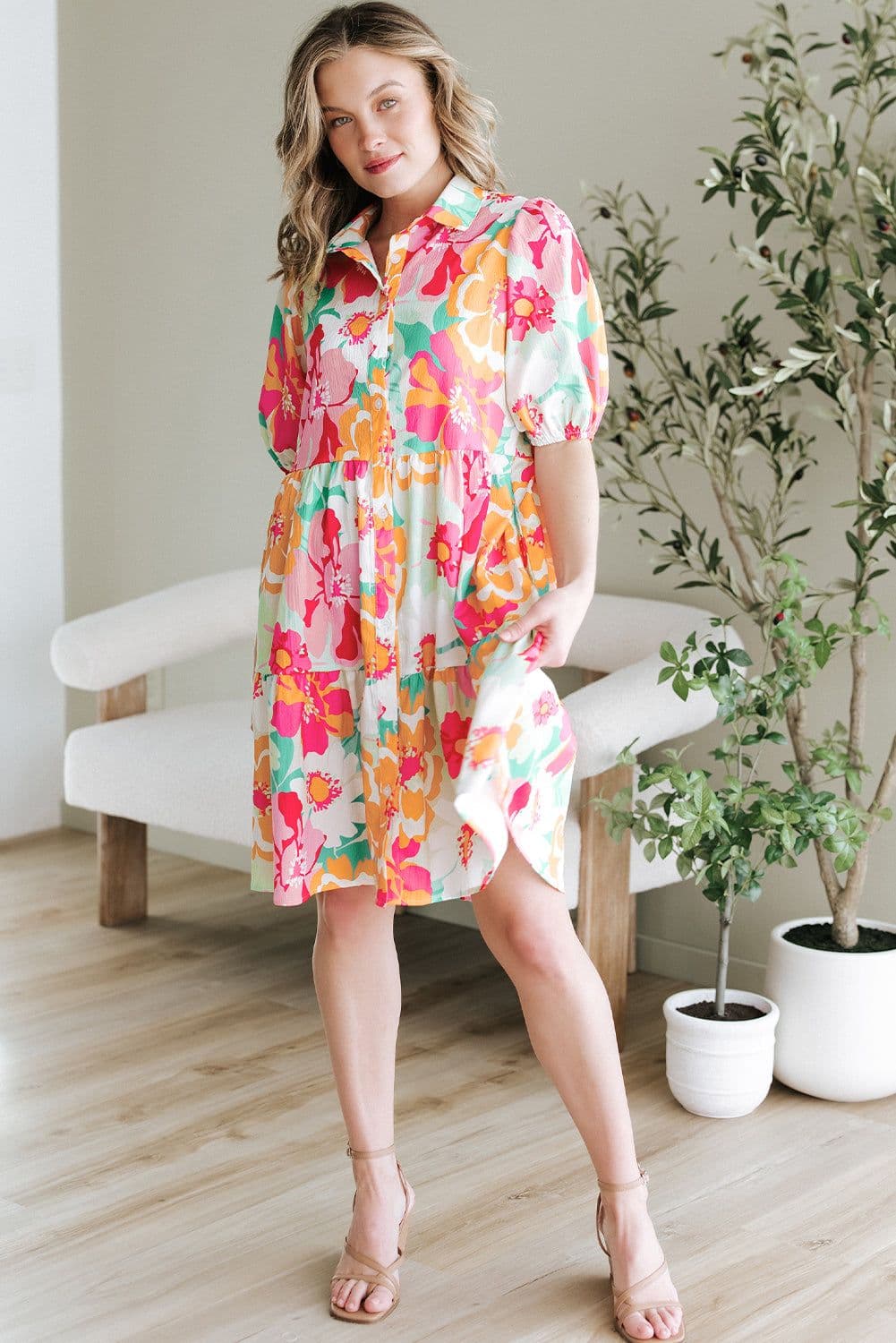 image-Pink Floral Puff Sleeve Collar Buttoned Babydoll Dress