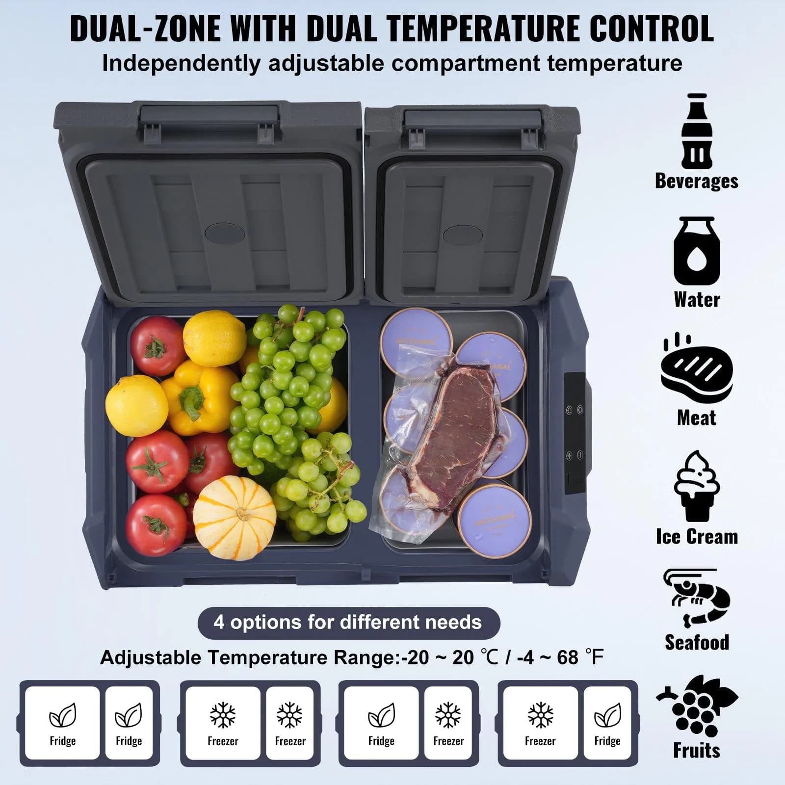 image-VEVOR Car Refrigerator, 12 Volt Car Refrigerator Fridge, 32 L Dual Zone Portable Freezer, -4℉-68℉ Adjustable Range, 12/24V DC and 100-240V AC Compressor Cooler for Outdoor, Camping, RV
