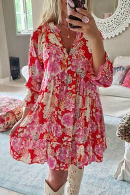image-Floral Print High Waist V Neck Babydoll Mini Dress - Red (57 characters)