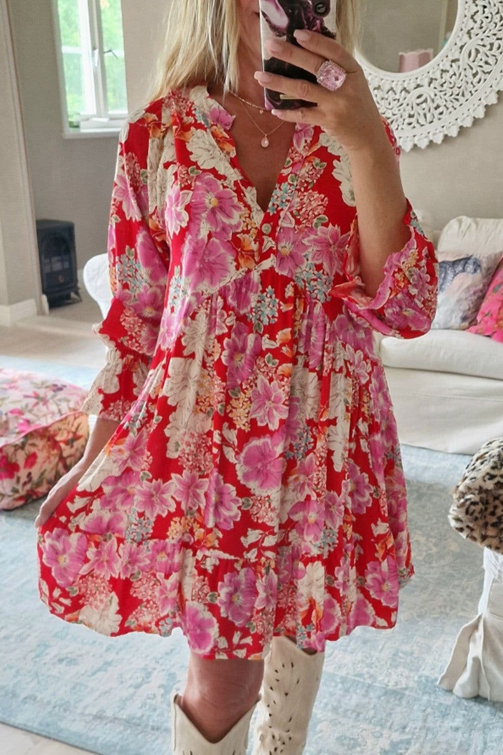 image-Floral Print High Waist V Neck Babydoll Mini Dress - Red (57 characters)