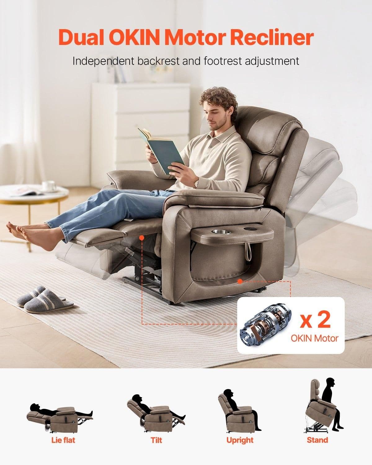 image-VEVOR Power Lift Recliner Chair, Lift Chair with Heat and Massage for Elderly, Dual Motor Recliner Chair with a Cup holder, Infinite Position Adjustment Electric Recliner (Medium-Wide, Light Brown)