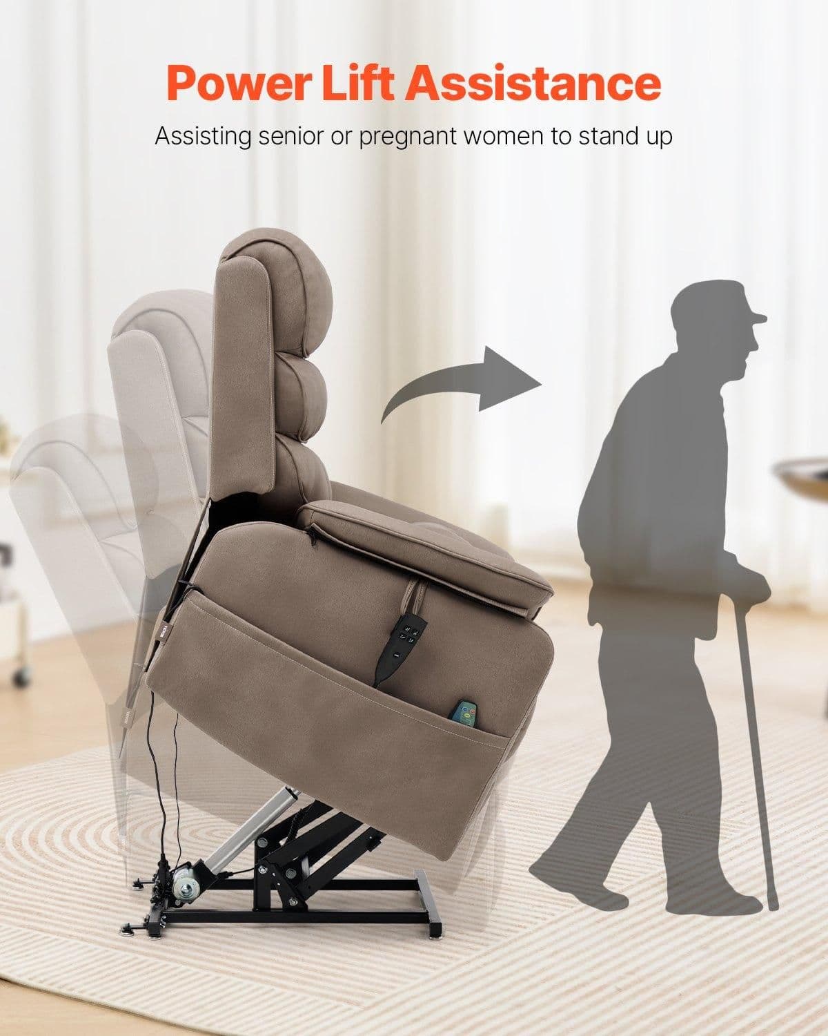 image-VEVOR Power Lift Recliner Chair, Lift Chair with Heat and Massage for Elderly, Dual Motor Recliner Chair with a Cup holder, Infinite Position Adjustment Electric Recliner (Medium-Wide, Light Brown)