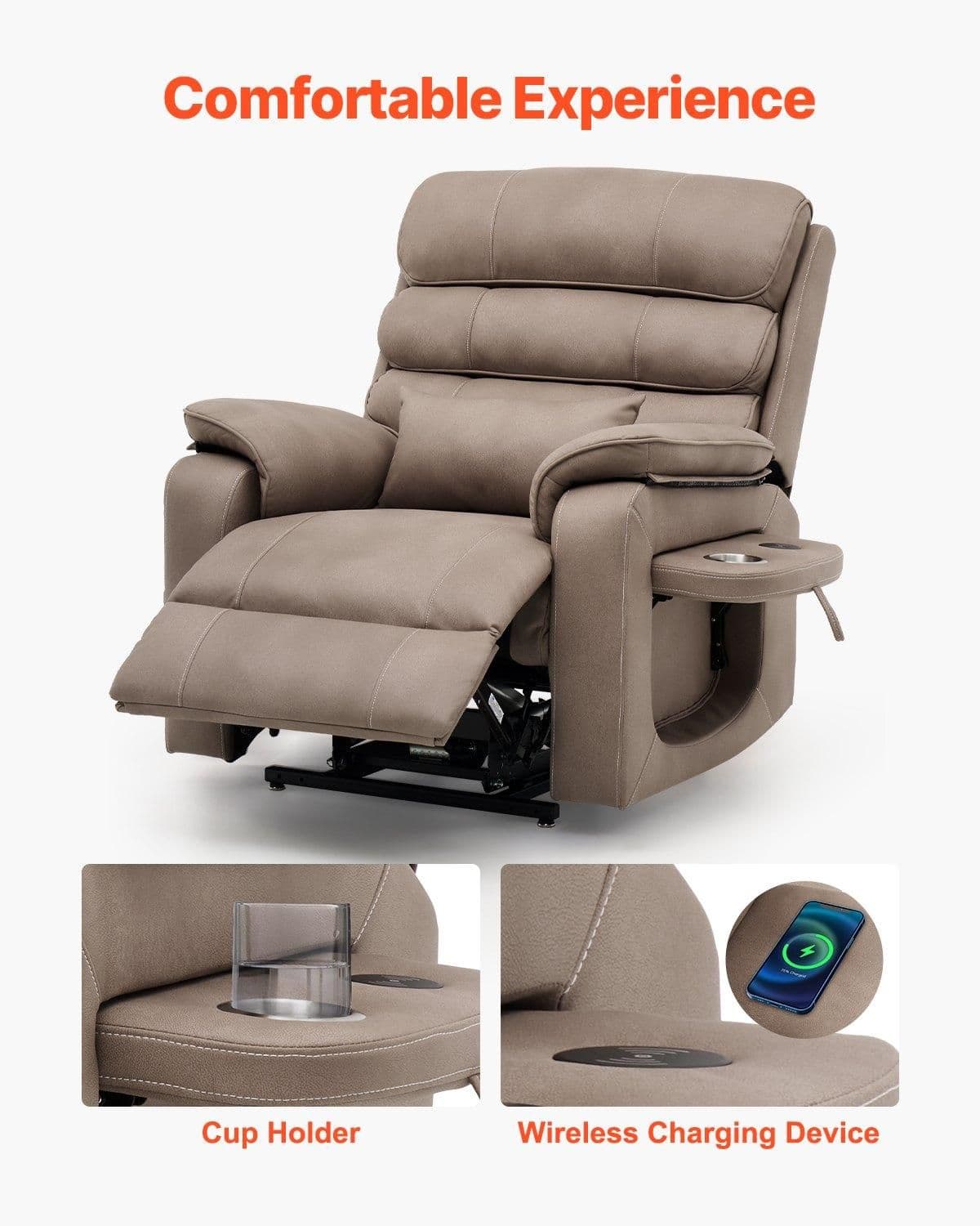 image-VEVOR Power Lift Recliner Chair, Lift Chair with Heat and Massage for Elderly, Dual Motor Recliner Chair with a Cup holder, Infinite Position Adjustment Electric Recliner (Medium-Wide, Light Brown)