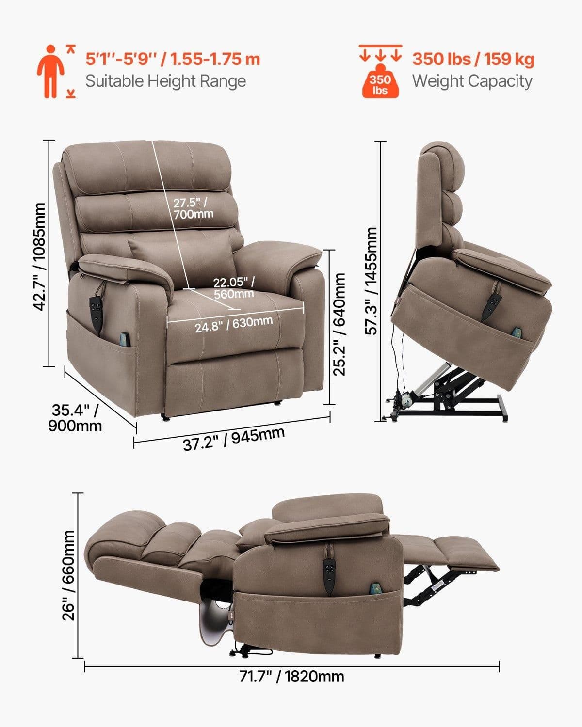 image-VEVOR Power Lift Recliner Chair, Lift Chair with Heat and Massage for Elderly, Dual Motor Recliner Chair with a Cup holder, Infinite Position Adjustment Electric Recliner (Medium-Wide, Light Brown)