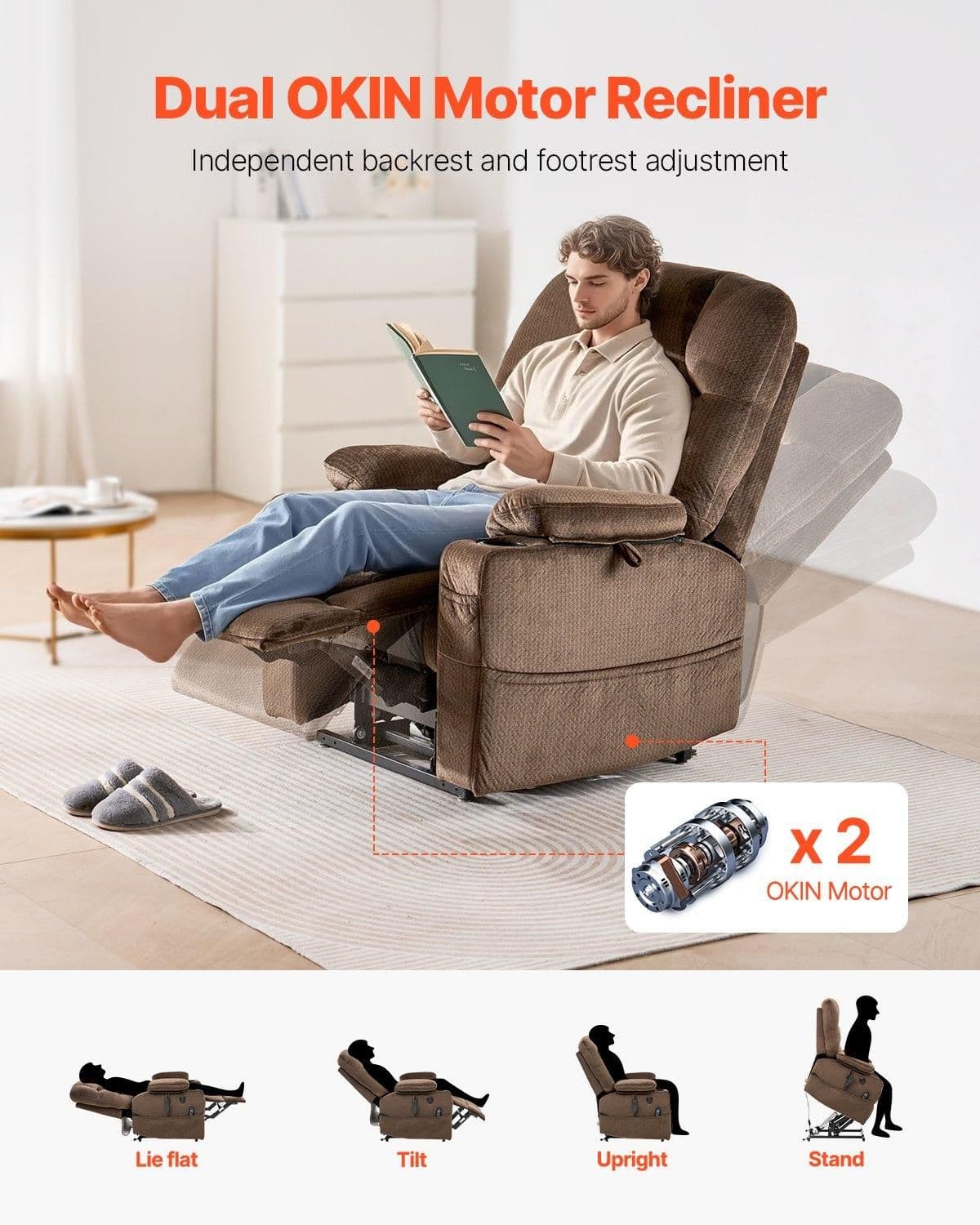 image-VEVOR Power Lift Recliner Chair, Lift Chair with Heat and Massage for Elderly, Dual Motor Recliner Chair with 2 Cup holders and USB Port, Infinite Position Adjustment Electric Recliner (Large, Brown)