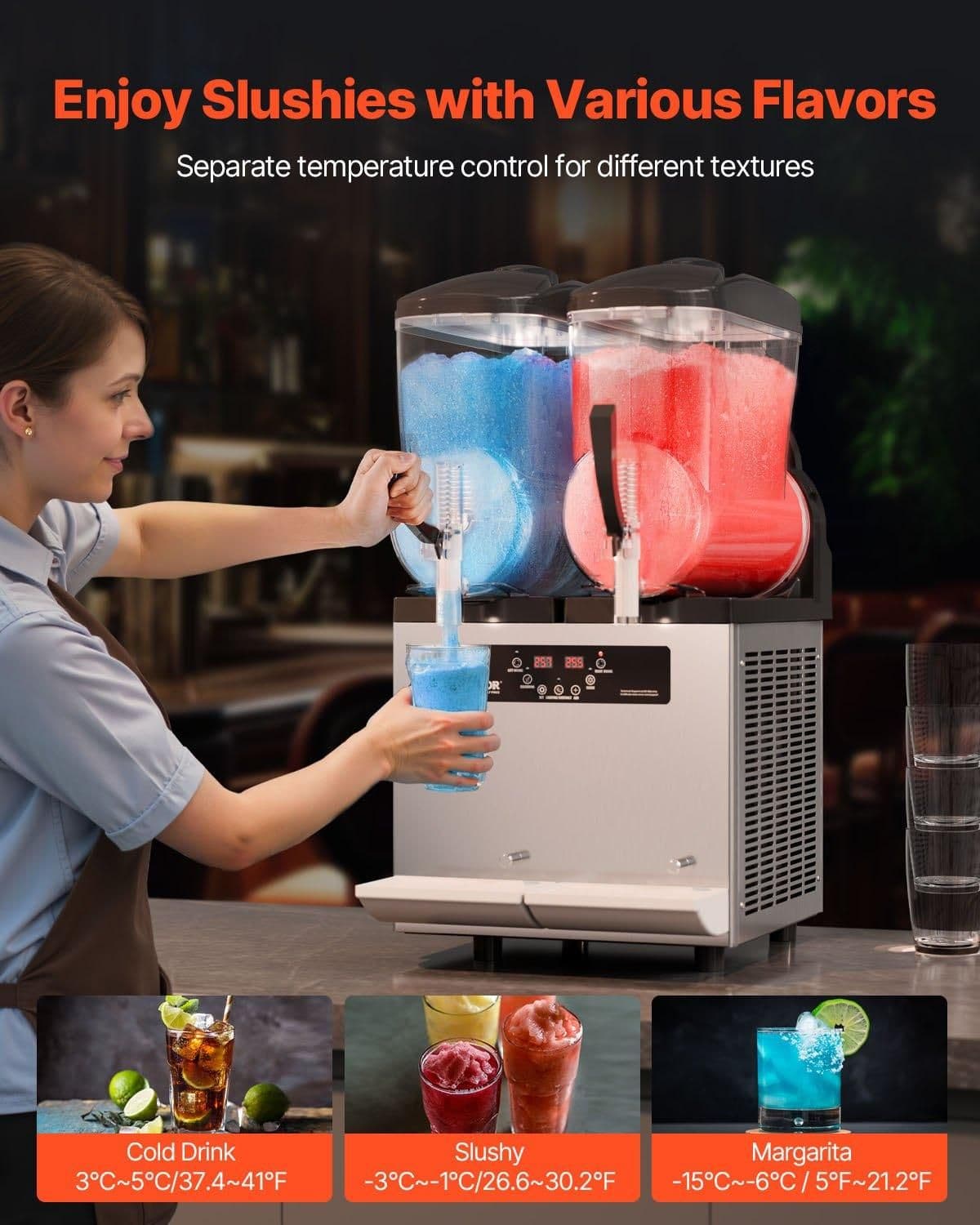 image-VEVOR Commercial Slushy Machine, 12Lx2 Double Tank Frozen Drink Machine, 96 Cups Stainless Steel Margarita Smoothie Frozen Drink Maker, Slushie Maker for Home Party Restaurants Cafe Bars
