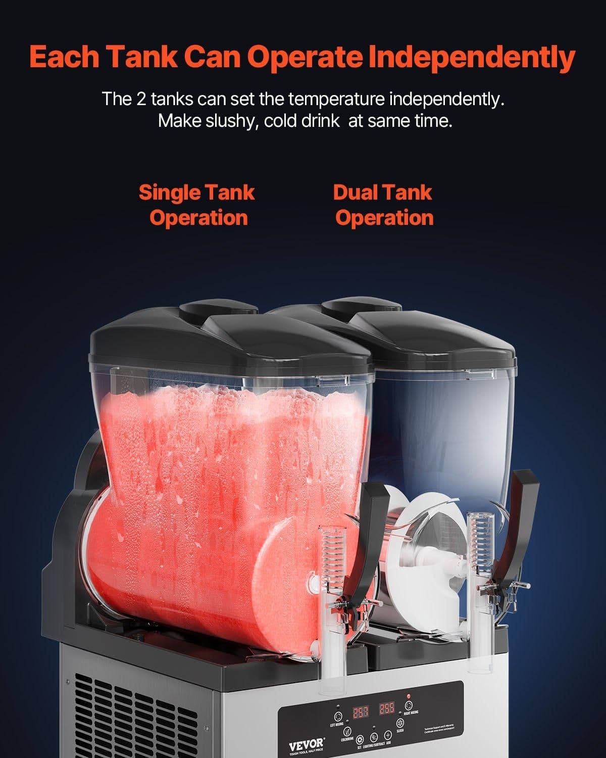 image-VEVOR Commercial Slushy Machine, 12Lx2 Double Tank Frozen Drink Machine, 96 Cups Stainless Steel Margarita Smoothie Frozen Drink Maker, Slushie Maker for Home Party Restaurants Cafe Bars