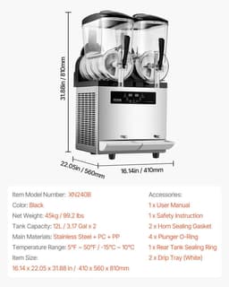 image-VEVOR Commercial Slushy Machine, 12Lx2 Double Tank Frozen Drink Machine, 96 Cups Stainless Steel Margarita Smoothie Frozen Drink Maker, Slushie Maker for Home Party Restaurants Cafe Bars