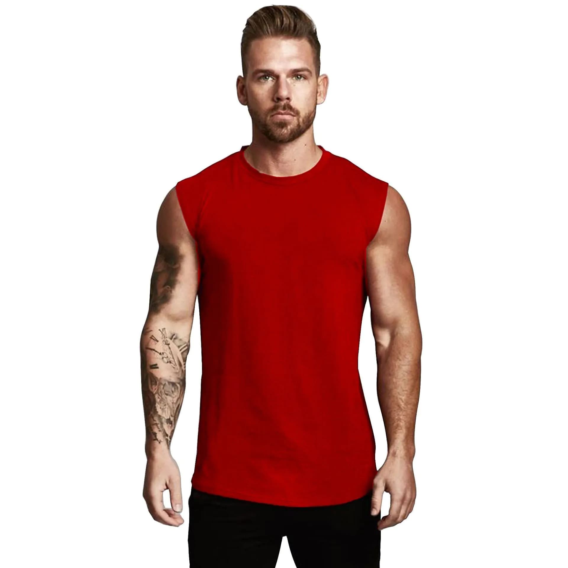 image-Cross-border European and American men's fitness vest sports leisure elastic arc hem round neck sleeveless vest one drop shipping