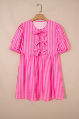image-Rose Striped Print Bow Detail Short Puff Sleeve Mini Dress