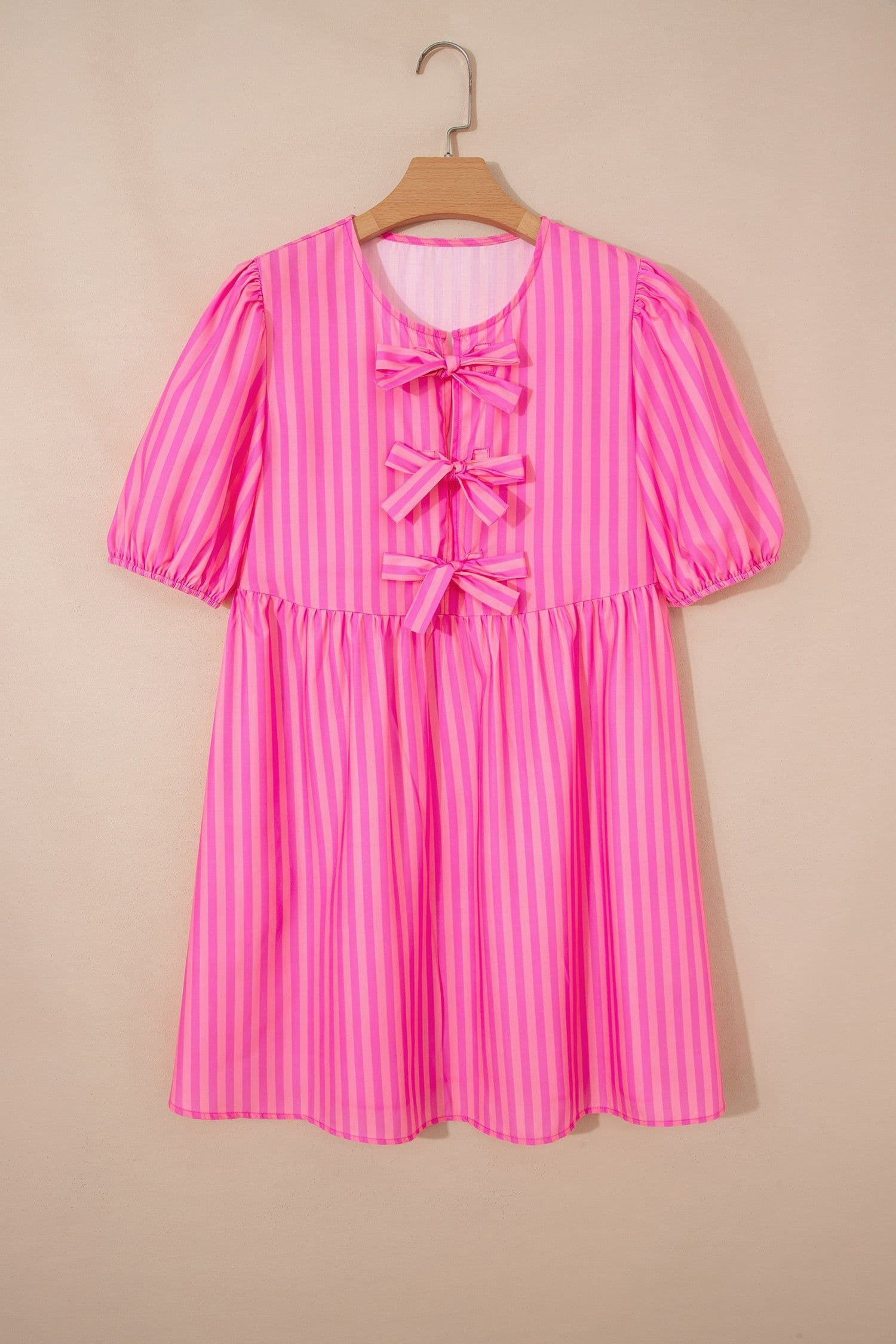 image-Rose Striped Print Bow Detail Short Puff Sleeve Mini Dress