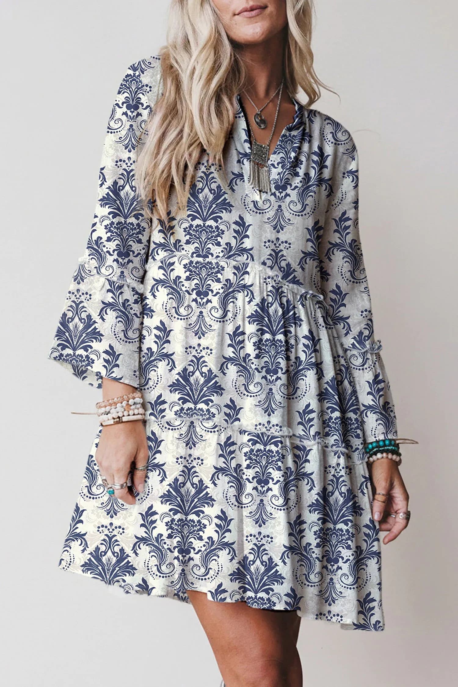 image-Sky Blue Boho Floral Print Mini Dress 3/4 Sleeve