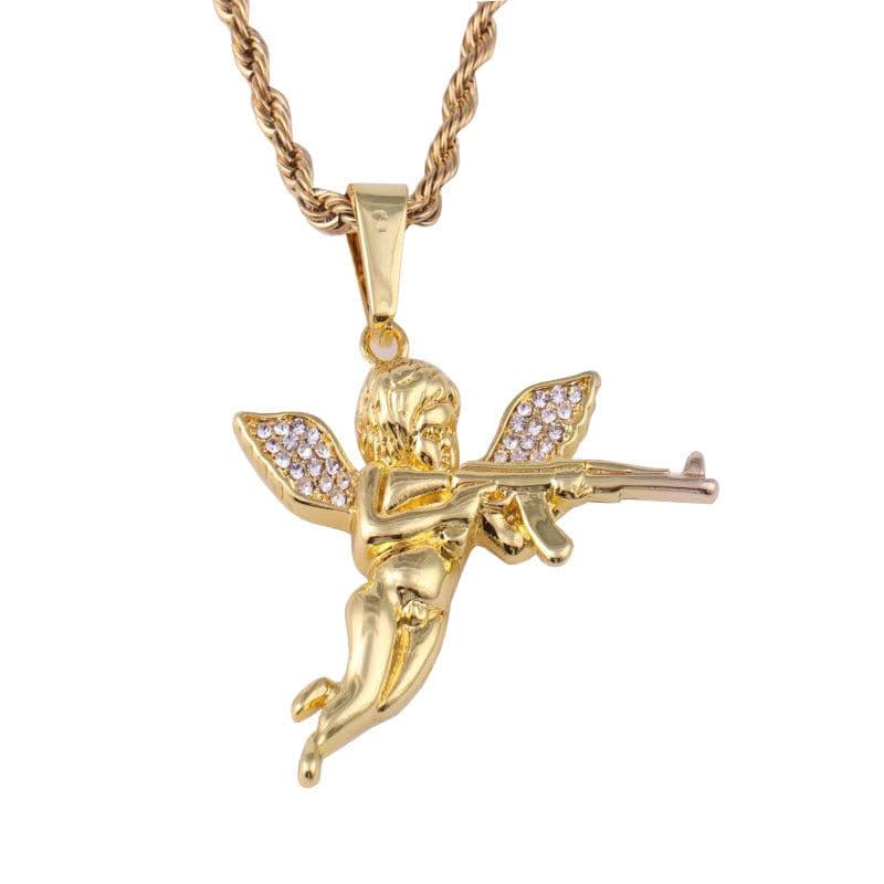 image-Cross-border hot sale European and American alloy machine gun RevengeAngel revenge angel necklace pendant men and women hip hop jewelry