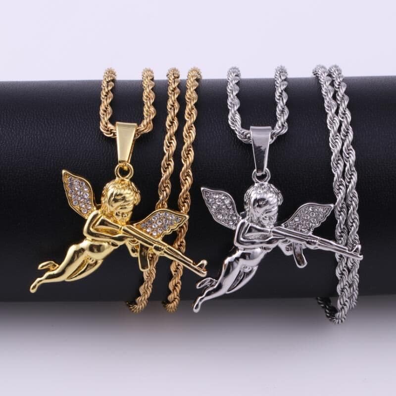 image-Cross-border hot sale European and American alloy machine gun RevengeAngel revenge angel necklace pendant men and women hip hop jewelry