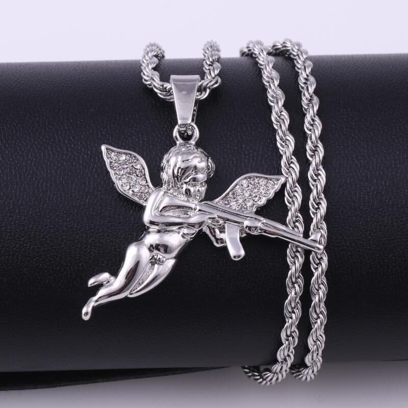 image-Cross-border hot sale European and American alloy machine gun RevengeAngel revenge angel necklace pendant men and women hip hop jewelry