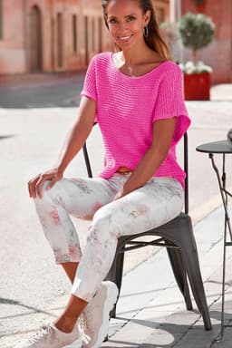 image-Pink Solid Loose Knit Short Dolman Sleeve Sweater