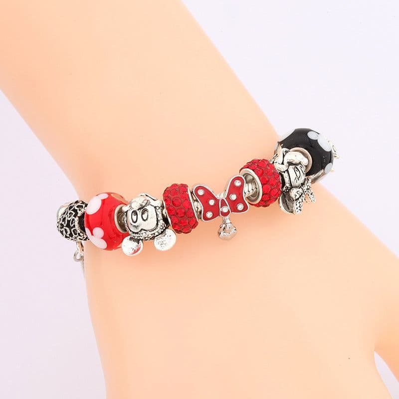 image-Simple Red Bow Pendant Bracelet Glass Bead Bracelet DIY Cartoon Mickey Minnie Bracelet