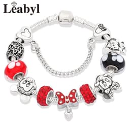 image-Simple Red Bow Pendant Bracelet Glass Bead Bracelet DIY Cartoon Mickey Minnie Bracelet